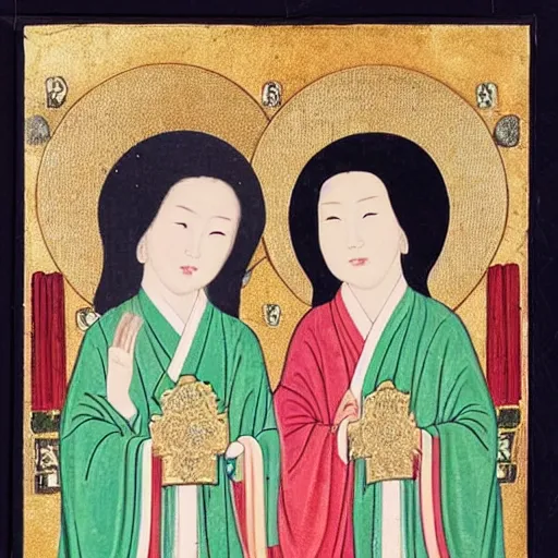 Image similar to portrait of 2 different asian looking girls close up looking at each other in iconography style theophanes the greek glitter chinese ornament dress