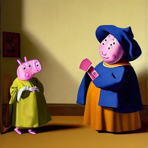 Prompt: a beautiful oil painting of Peppa Pig by Johannes Vermeer, trending on Artstation