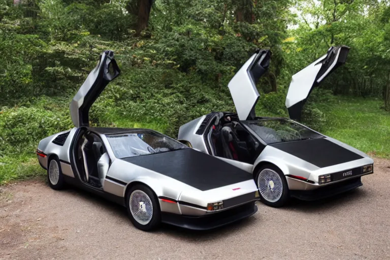 Image similar to a single delorean and tesla roadster hybrid, dslr