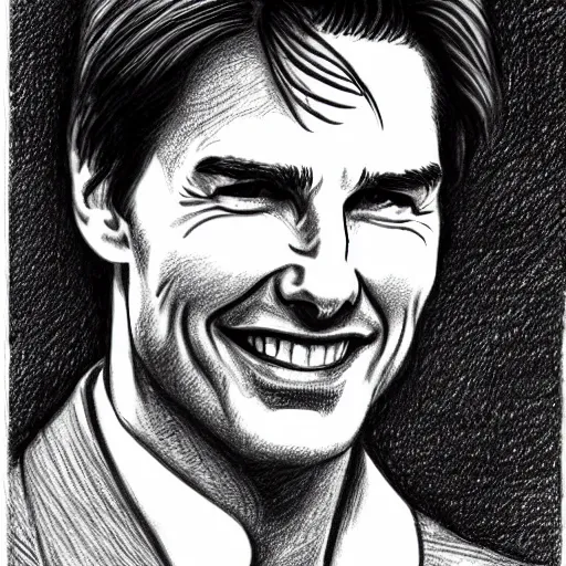 Image similar to a portrait drawing of Tom Cruise drawn by Robert Crumb