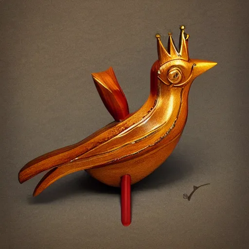 Image similar to carved wooden colorful bird, golden crown, dark, rusty, fantasy forest, highly detailed, ultra realistic, artstation, smooth, sharp focus