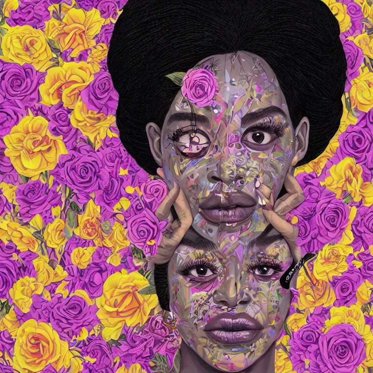 Image similar to gorgeous symmetrical portrait of a crazy black woman with lavender and rose florals growing from her head by tristan eaton and james jean, hyper detailed painting, distance, centered, hd, hq, high resolution, high detail, 4 k, 8 k