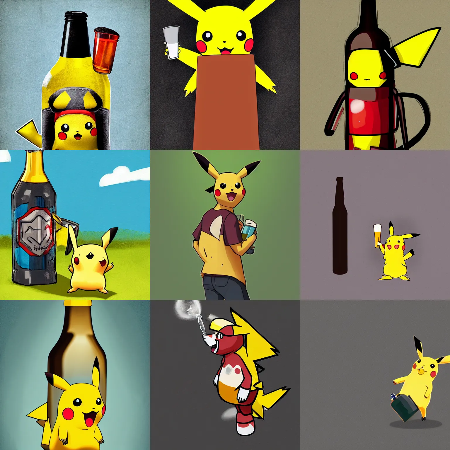 Image similar to pikachu drinking a beer bottle while walking with a backback on his back, digital art