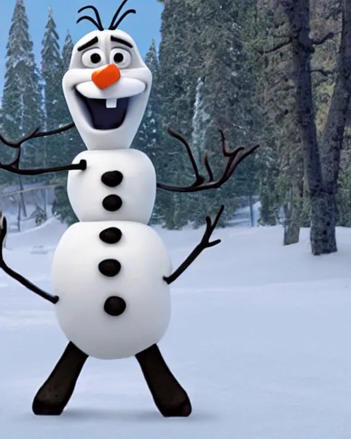 Prompt: photo of olaf from frozen with a human body, standing up, with a sweater and yoga pants.