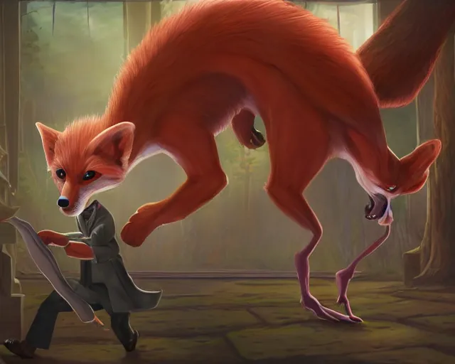 Image similar to award - winning extremely detailed fantasy art of a cute male anthropomorphic vulpes vulpes fulva teacher wearing suit working at a primary school, 4 k cinematic still photography, dramatic lighting