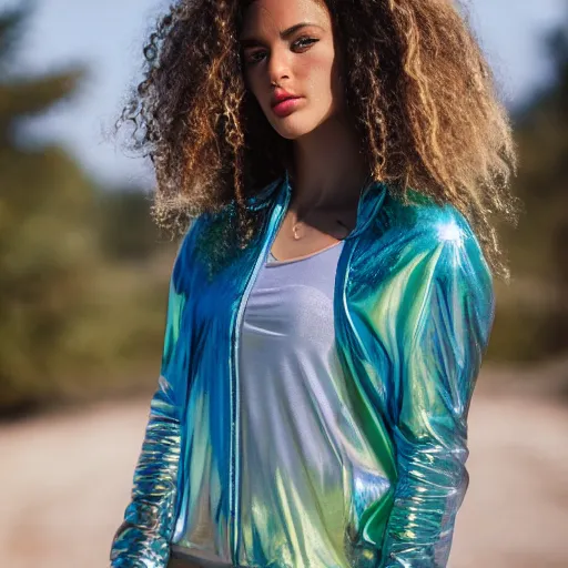 Image similar to selfie of a young woman, wearing a translucent and iridescent jacket over a tank top, curly long hair, caucasian, sigma 85mm f/1.4, 4k, depth of field, high resolution, 4k, 8k, hd, full color