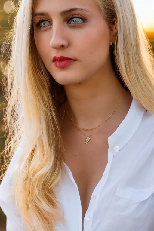 Prompt: 2 4 year old professional blonde female wearing white blouse, portrait, neck zoomed in, photo realistic, slr, golden hour, 4 k, high definition, selfie