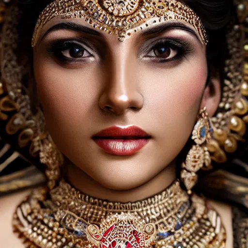 Image similar to portrait of wonderful hindi princess of diamond with radiant skin, ornate with diamonds, 8 k, gorgeous, intricate, detailed, glowing white accent lighting, dramatic lighting, octane render