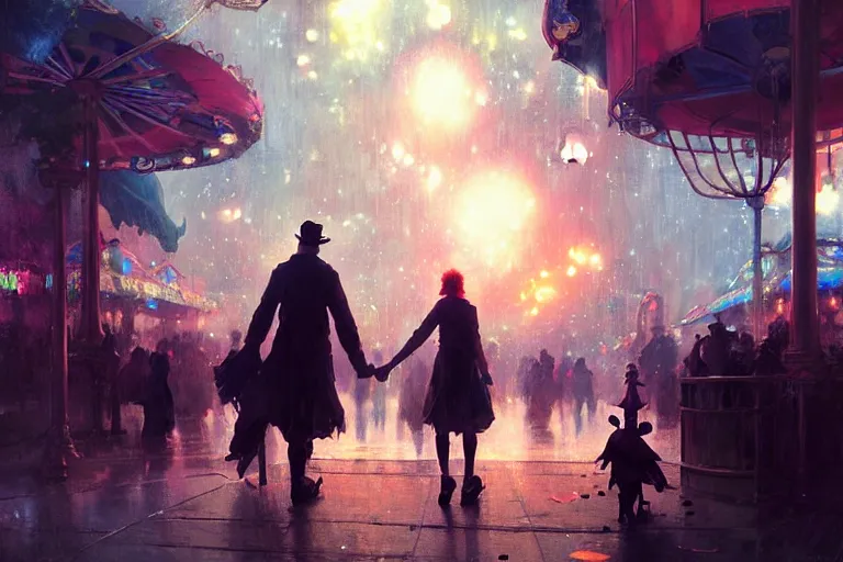 Prompt: two people find love at the witchlight carnival travelling temporary small amusement park, fireworks romantic, night time, high octane filter, 8 k, highly detailed, digital painting, concept art, matte, art by ruan jia and wlop and greg rutkowski and makoto shinkai, masterpiece