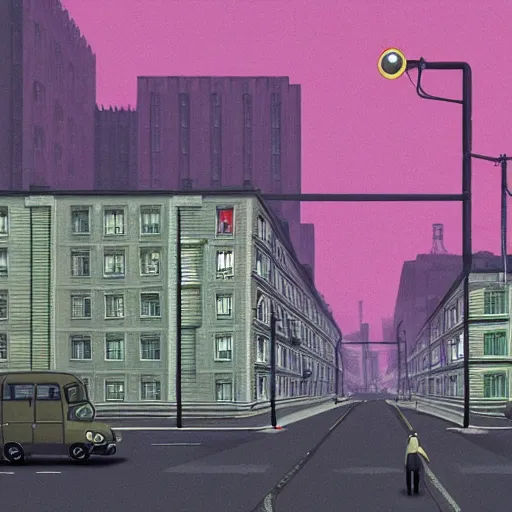 Prompt: empty London streets in the style of Simon Stalenhag