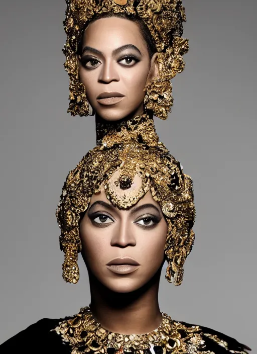 Image similar to photo of beyonce styled by nick knight posing, intricate headpiece, showstudio, face close up, vogue magazine, 2 0 2 0, canon, highly realistic. high resolution. highly detailed. dramatic. 8 k. 4 k. zeiss lens, canon eos, cinematic lighting, photography, film still