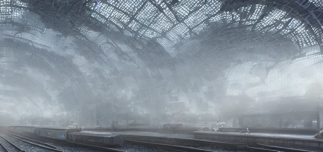 Image similar to a complex organic fractal 3 d metallic symbiotic ceramic duck shaped megastructure in a train station, foggy, sun rays, cinematic shot, photo still from movie by denis villeneuve, wayne barlowe