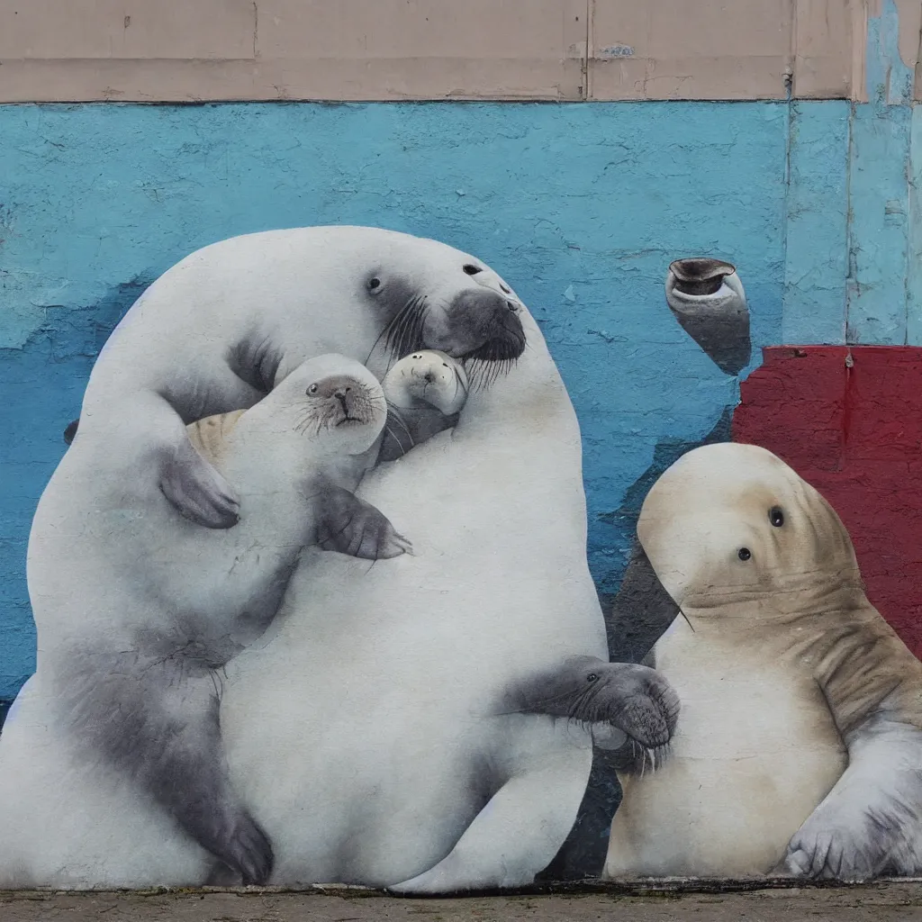 Image similar to a baby harp seal and large walrus, street art