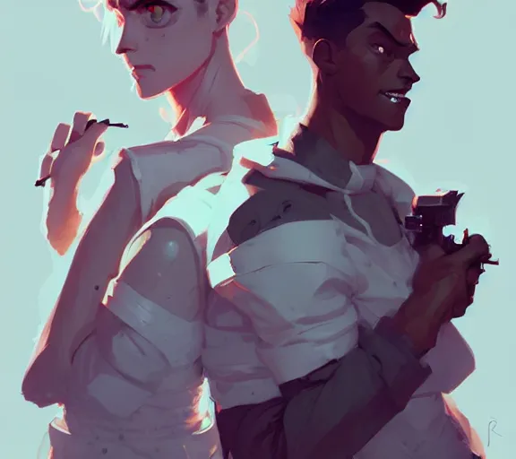 Prompt: portrait jayce and viktor by atey ghailan, by greg rutkowski, by greg tocchini, by james gilleard, by joe fenton, by kaethe butcher, dynamic lighting, gradient light blue, brown, blonde cream and white color scheme, grunge aesthetic
