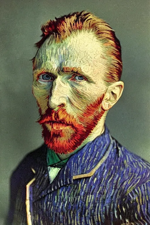 Prompt: an autochrome realistic, supersharp, photographic portrait of vincent van gogh, by thomas russel shallow depth of field