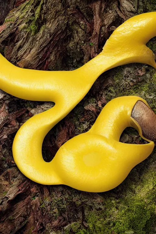 Image similar to A brilliant yellow banana slug with deer antlers, poised magnificently on a tree stump deep in a redwood forest, magical, deep woods, octane render, 8k,realism, insanely detailed, intricate, natural lighting, illustrated by TamberElla, national geographic wildlife photography, digital art, fantasy creature, realistic Trending on artstation, artstationHD, artstationHQ, 4k, 8k