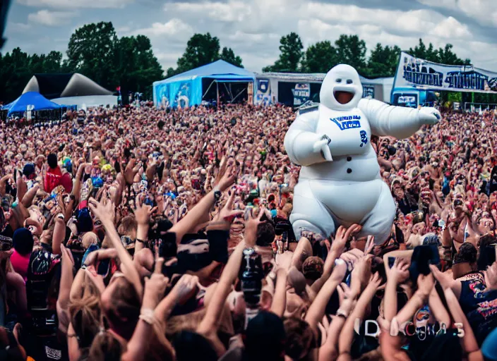 Prompt: photo still of the michelin man on stage at vans warped tour!!!!!!!! at age 3 8 years old 3 8 years of age!!!!!!! stage diving into the crowd, 8 k, 8 5 mm f 1. 8, studio lighting, rim light, right side key light