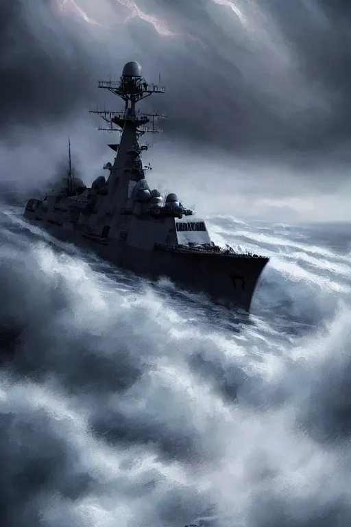 Image similar to aircraft destroyer In a a ocean storm, dramatic lighting, cinematic, establishing shot, extremly high detail, foto realistic, cinematic lighting, post processed, concept art, artstation, matte painting, style by eddie mendoza, raphael lacoste, alex ross