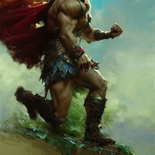 Image similar to young warrior marching toward the viewer, male, muscular, green eyes!!!!, straight nose!!!!!, beard, detailed face, thighs!!!!! gorgeous, amazing, muscular, intricate, highly detailed, painting by Gaston Bussiere, Craig Mullins