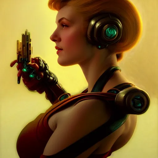 Image similar to portrait of Samus Aran, dark fantasy, medium shot, intricate, elegant, highly detailed, digital painting, volumetric light, artstation, concept art, smooth, sharp focus, illustration, art by Gil Elvgren and Greg Rutkowski and Alphonse Mucha