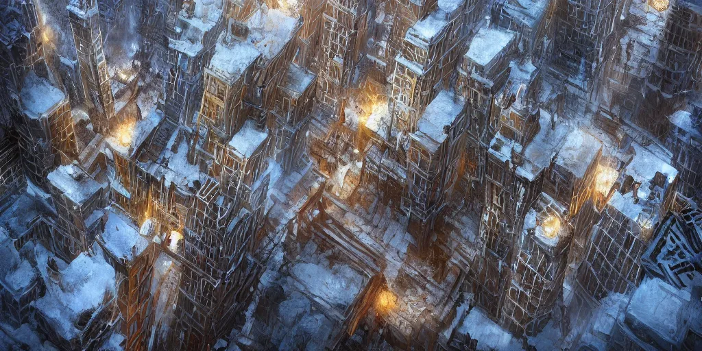 Prompt: view down from a vertical towering structure, dense, towers, towering blocks, bridges, russian style, snow, roofs, stormy sunset, airships, wide angle lens, concept art, highly detailed, 8k, hyper realistic, concept art