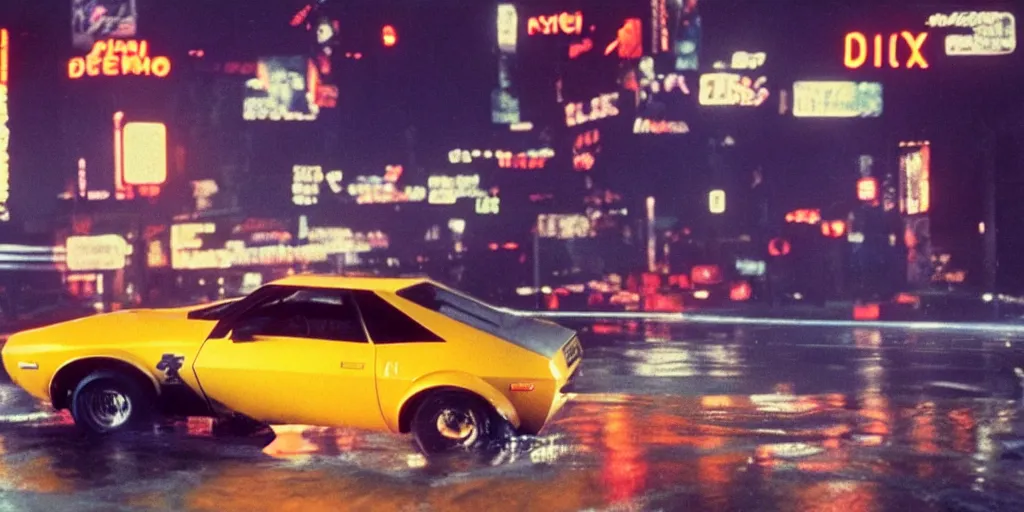 Image similar to a single amc amx / 3, speeding down tokyo highway in the rain, night time, neon lights, thunderstorm, movie still from the film bladerunner