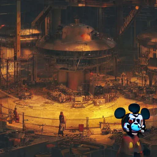 Image similar to a giant mickey mouse head, factory floor, surrounded by factory workers, octane render, cgstation, 3 d render, very detailed, mindblowing, blood and guts, gritty, cyberpunk, cinematic lighting, hyper realism