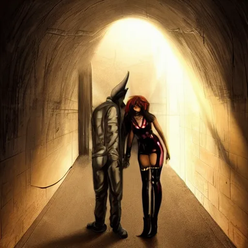 Image similar to a schoolboy and a succubus in a leather suit leaning on a cracked brick wall, devil wings, long hallway, seductive, light at the end of the tunnel, volumetric lighting, concept art, detailed, dramatic lighting, by artgerm