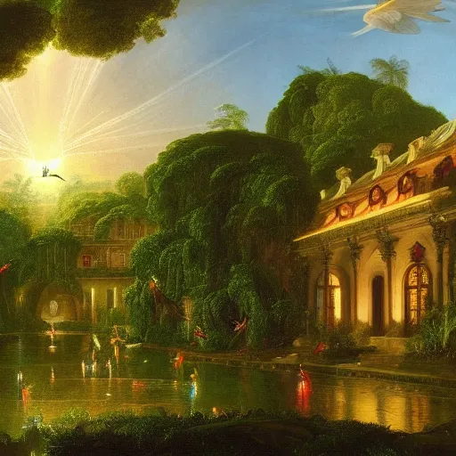 Image similar to many jewel colored hummingbirds with milky eyes hovering around plants in front of a sprawling manor in a renaissance architecture city street at night with rainforest greenery, thomas cole, illustration