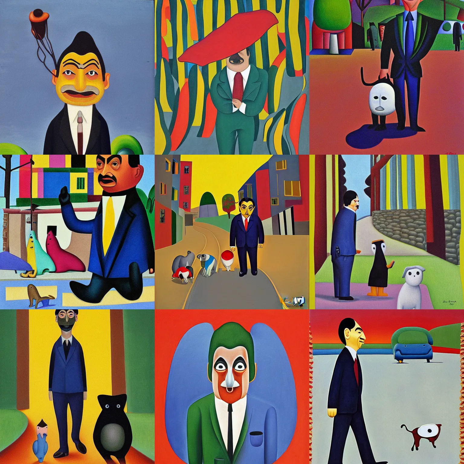 Prompt: mr. bean walks down a street on a sunny day by tarsila do amaral