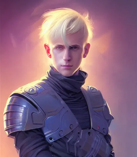 Prompt: cyberpunk 30 years old blond boy, hourglass slim figure, playful smile, sad eyebrows, blue eyes, dungeons and dragons portrait, highly detailed, digital painting, artstation, concept art, sharp focus, illustration, art by artgerm and greg rutkowski and alphonse mucha