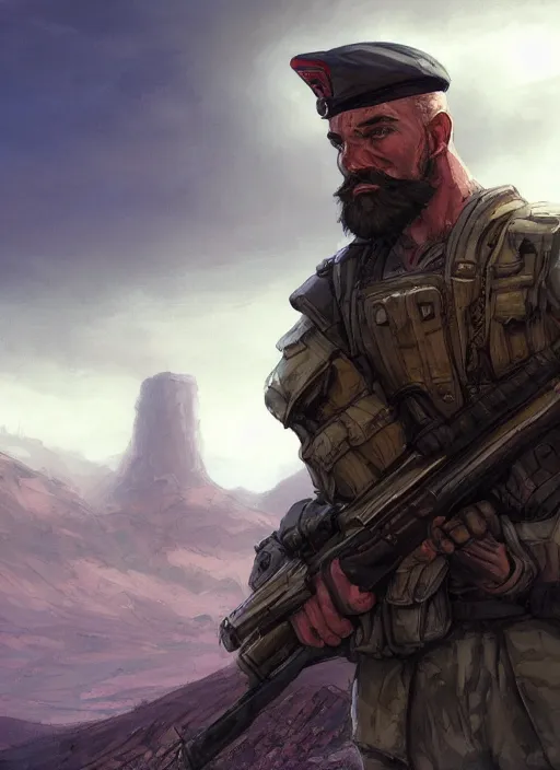 Image similar to purple scene lighting, detailed character portrait concept art, white male, strong muscular mature, soldier with beard, short hair, in a soldier uniform, desert with city in the background, sharp focus, illustration, highly detailed, digital painting, concept art, matte, art by wlop and artgerm and greg rutkowski, masterpiece