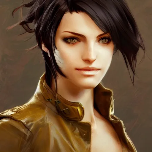 Image similar to a head and shoulders portrait of a girl with green eyes and short black hair in a tan trenchcoat, from Final Fantasy XIII, retro, smooth, sharp focus, intricate, artstation, detailed concept art by Rutkowski and Mucha and sky sewa and Marc Simonetti