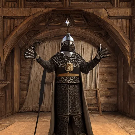 Image similar to full body portrait photo of Dennis hopper as a devious medieval lord in a giant medieval Shop, trending on artstation, style of midjourney, unreal engine, octane render, intricate details, 8k high definition, beauriful, ornate, hypermaximalistic