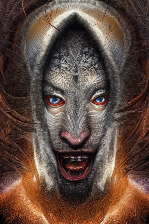 Prompt: cinematic portrait of Wolf Man. Centered, uncut, unzoom, symmetry. charachter illustration. Dmt entity manifestation. Surreal render, ultra realistic, zenith view. Made by hakan hisim feat cameron gray and alex grey. Polished. Inspired by patricio clarey, heidi taillefer scifi painter glenn brown. Slightly Decorated with Sacred geometry and fractals. Extremely ornated. artstation, cgsociety, unreal engine, ray tracing, detailed illustration, hd, 4k, digital art, overdetailed art. Intricate omnious visionary concept art, shamanic arts ayahuasca trip illustration. Extremely psychedelic. Dslr, tiltshift, dof. 64megapixel. complementing colors. Remixed by lyzergium.art feat binx.ly and machine.delusions. zerg aesthetics. Trending on artstation, deviantart