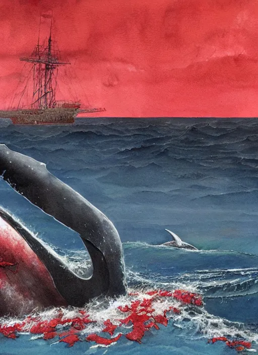 Prompt: a watercolor painting of a whale bleeding on the ocean near a ship, 3 d render, hyper detailed, dark art, horror art, digital art, realistic painting, smooth effect, part by beksinski, part by carl gustav carus with red blood brushstrokes by swanland raymond.