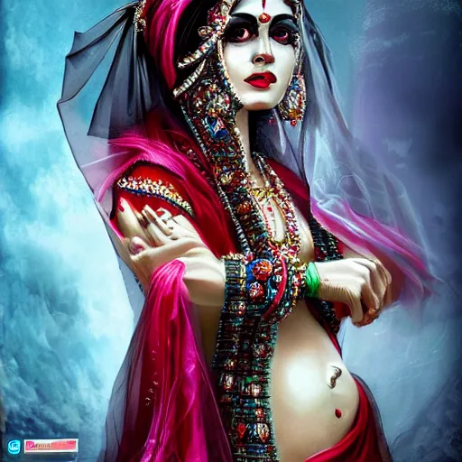 Image similar to beautiful Hindu queen of the dark with veil, in darkness, cover with a lot of red water, horror terrifying, surreal realistic, photorealistic, hyper details, full HD, 8k!