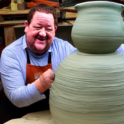 Image similar to johnny vegas making a very large clay teapot, polaroid, art school, studio, photorealistic