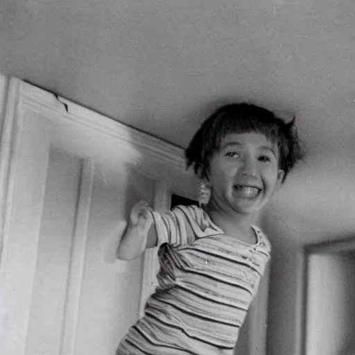 Prompt: an old photograph of a child on the ceiling with a wide grin and spider legs