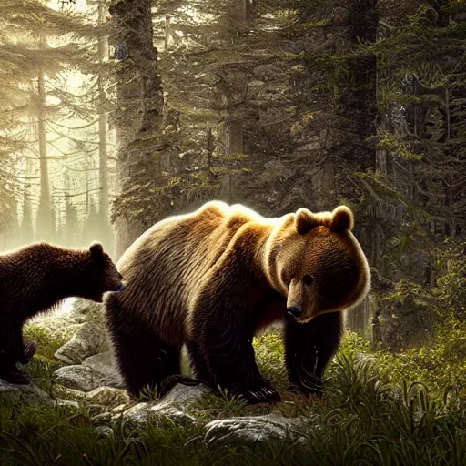 Image similar to wild bear with cubs in the forest, realistic, tone mapping, akihiko yoshida, james jean, andrei riabovitchev, marc simonetti, digital illustration, greg rutowski, high key lighting, volumetric lighting, digital art, highly detailed, intricate, ornate, complex, octane render