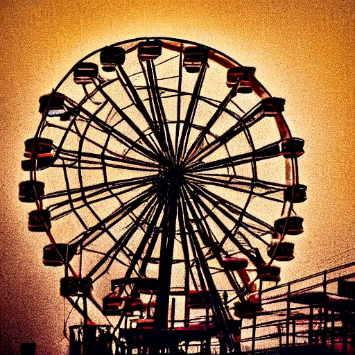 Image similar to an old abandoned rusty ferris wheel, in a town filled with pale yellow mist. Dystopian. Grainy. Award-winning photo. Sigma 40mm f/1.4 DG HSM