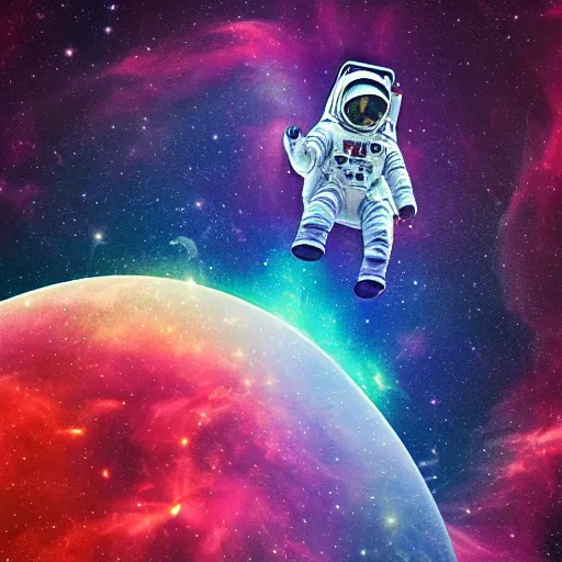 Image similar to Art Deco image of an amazed astronaut floating near a nebula. 8k resolution. Digital Art.