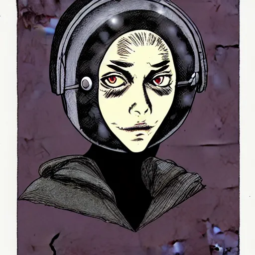 Prompt: portrait of girl wearing the sandman helmet, in the style of enki bilal and dave mckean