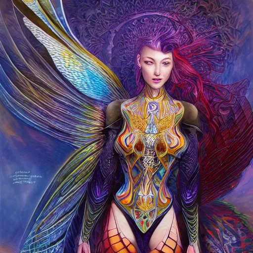 Image similar to a beautiful symmetrical woman full body wearing diamond armor with translucent colorful wings by alex gray and android jones , Karol Bak, Ayami Kojima, Amano , concept art, character design, fantasy,3D, 8k resolution