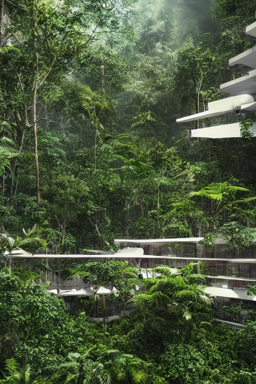 Image similar to architecture inspired by renzo piano deep in the rainforest. nature is taking over. metabolism. matte painting. octane render. hdr. volumetric lighting. global illumination. atmospheric.