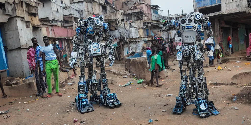 Image similar to giant mecha ROBOT of AJEGUNLE SLUMS of Lagos, writing on robot,