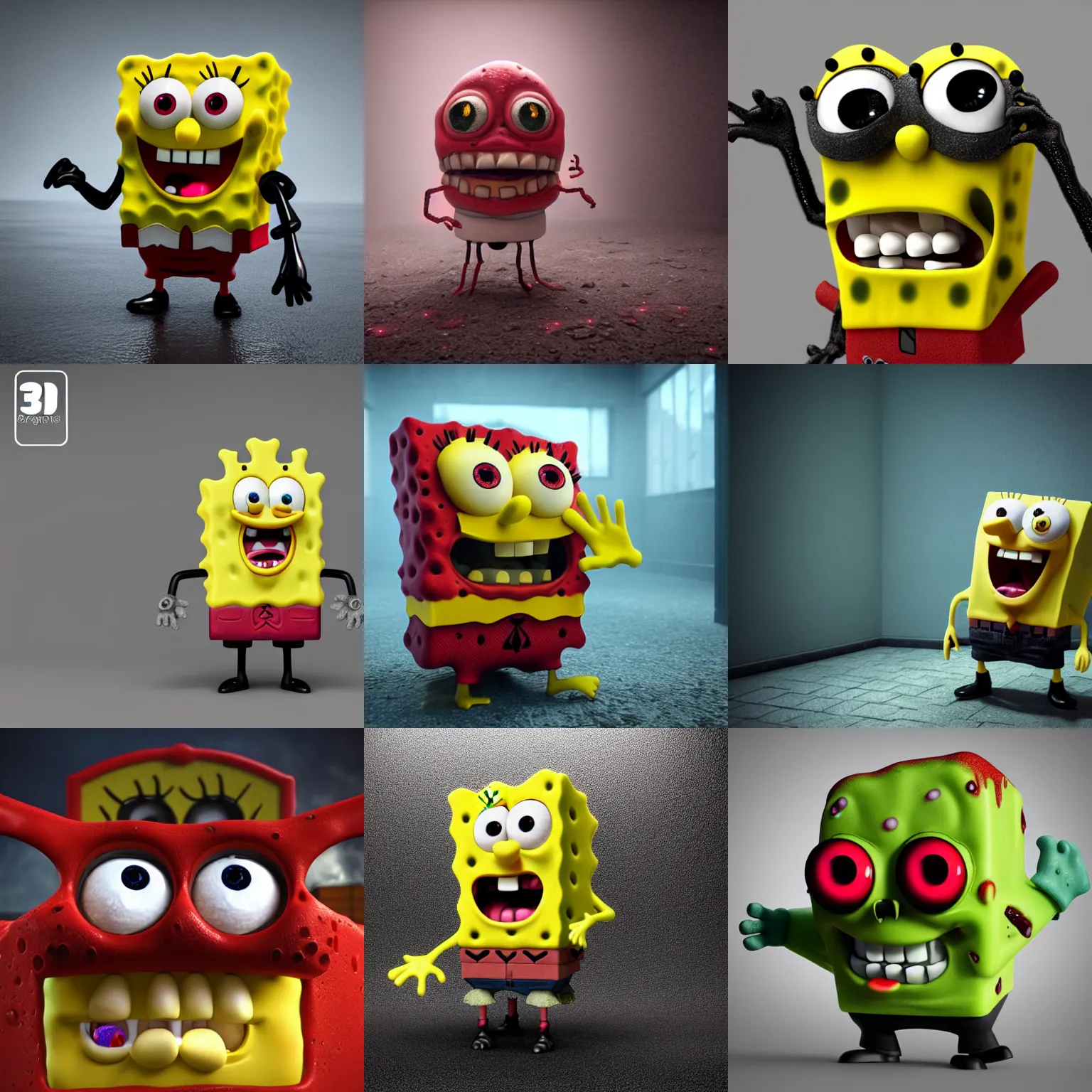 Prompt: 3 d creepy cgi evil spongebob staring with red eyes. octane render. volumetric fog, 4 k, darkness, scary, eery, realistic, hyperrealism, pores, textures, wrinkles, fleshy sponge horror, dark, dimly lit shadows, made by meatcanyon, serious, edgy, photorealistic