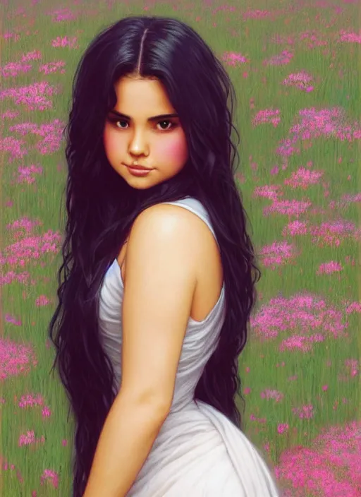 Prompt: beautiful thirty year old woman with long black hair, tan skin, curvy hourglass figure, round cute face, slight resemblance to selena gomez wearing a modest colorful disney princess gown in a field of flowers. beautiful painting by artgerm and greg rutkowski and bouguereau and lois van baarle