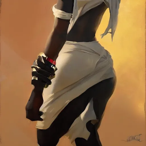 Image similar to greg manchess portrait painting of african yorha type a no. 2 as african tracy from overwatch, back shot, asymmetrical, profile picture, organic painting, sunny day, matte painting, bold shapes, hard edges, street art, trending on artstation, by huang guangjian and gil elvgren and sachin teng