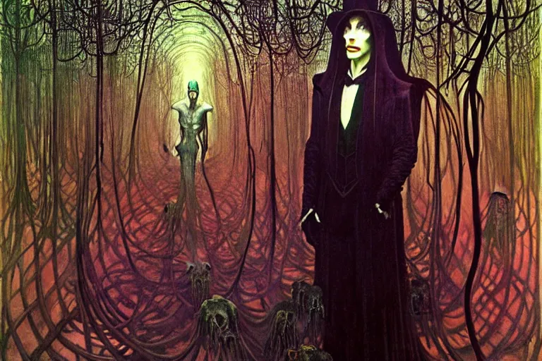 Image similar to realistic extremely detailed portrait painting of an elegantly creepy vampire man dressed as dracula, futuristic sci-fi forest on background by Jean Delville, Amano, Caravaggio, Yves Tanguy, Alphonse Mucha, Ernst Haeckel, Edward Robert Hughes, Roger Dean, rich moody colours